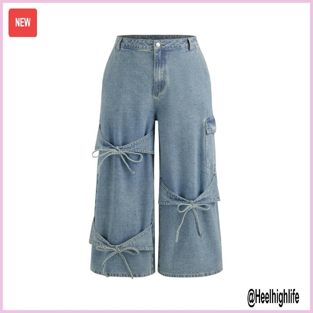 Low Waist Wide Leg Denim Pants with Bow Detail Straight Fit